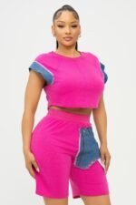Color Block Denim Sleeve Top And Biker Shorts Set - Image 18
