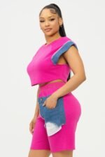 Color Block Denim Sleeve Top And Biker Shorts Set - Image 19