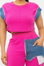 Color Block Denim Sleeve Top And Biker Shorts Set - Image 20