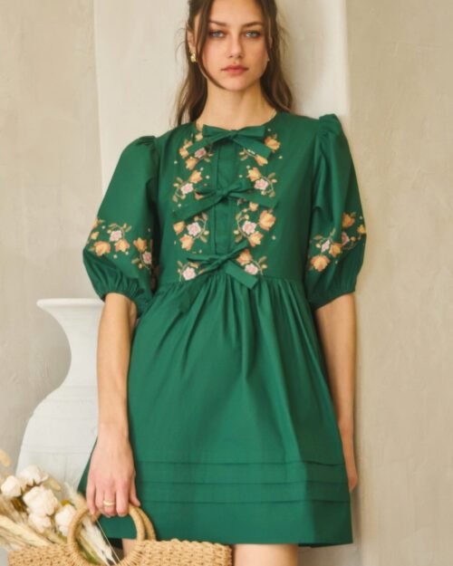 poplin front ribbon tie baby doll dress