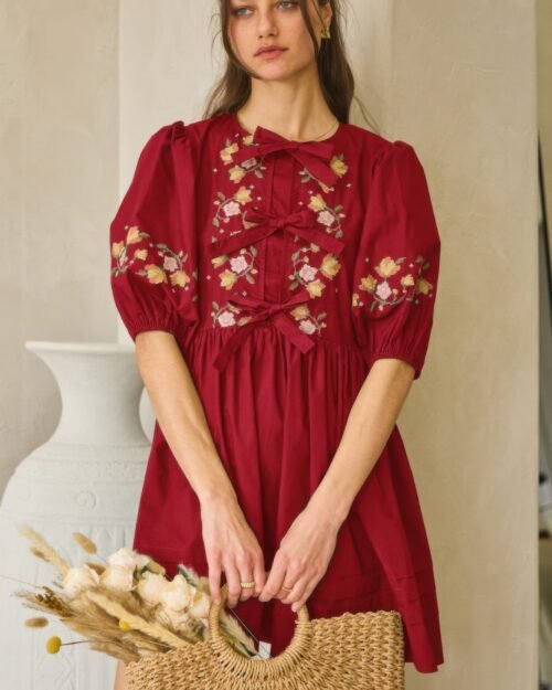 poplin front ribbon tie baby doll dress