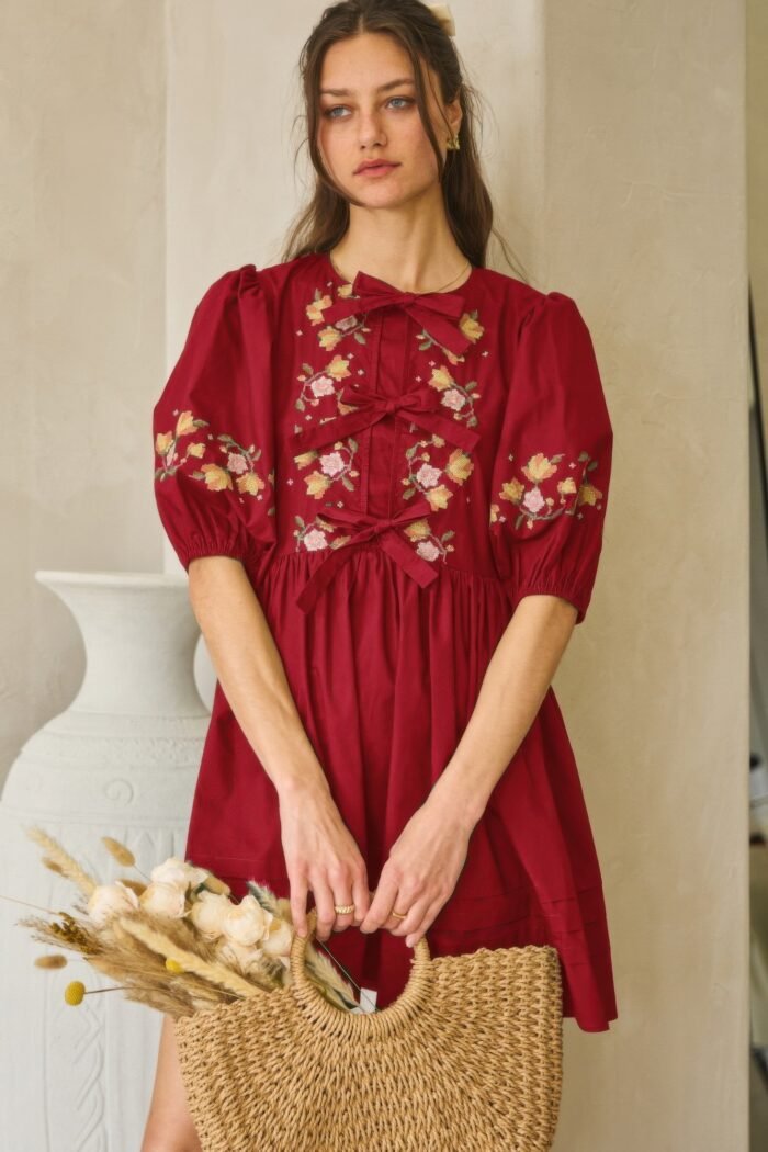 Poplin front ribbon tie baby doll dress - image 2