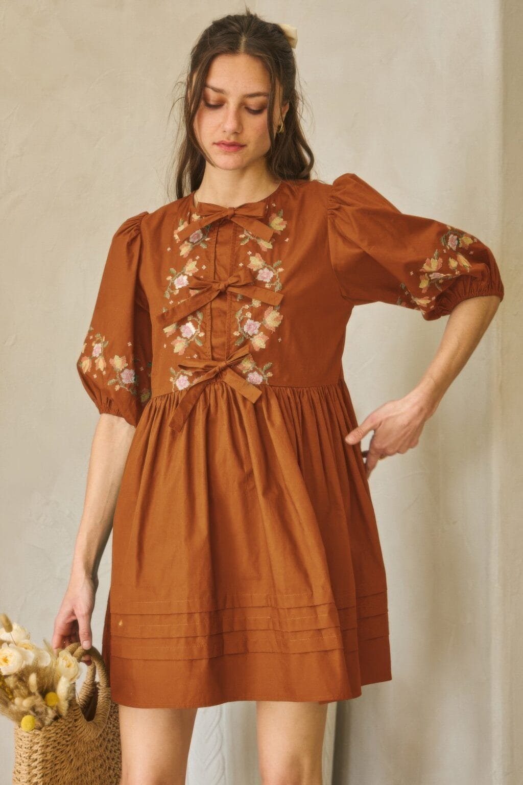 poplin front ribbon tie baby doll dress