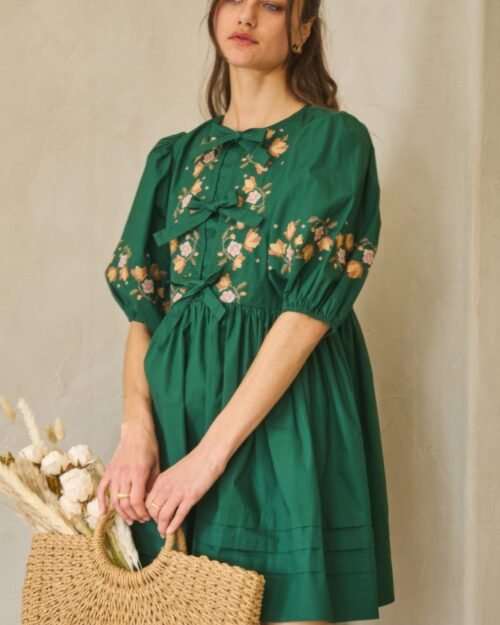 poplin front ribbon tie baby doll dress