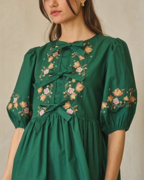 poplin front ribbon tie baby doll dress