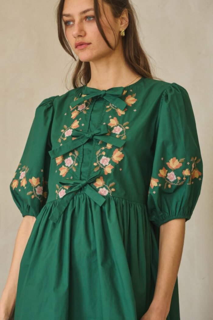Poplin front ribbon tie baby doll dress - image 5