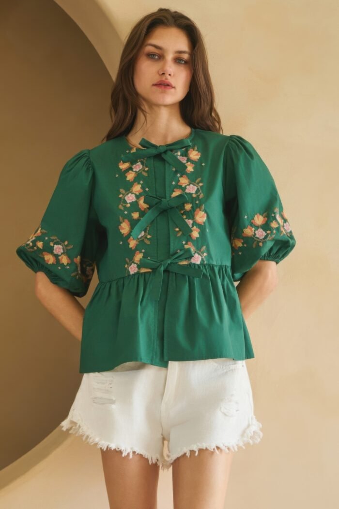 Poplin front ribbon tie blouse - image 15