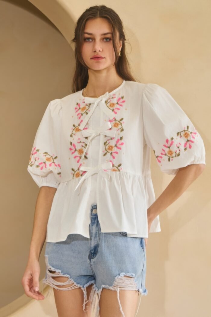 Poplin front ribbon tie blouse - image 11