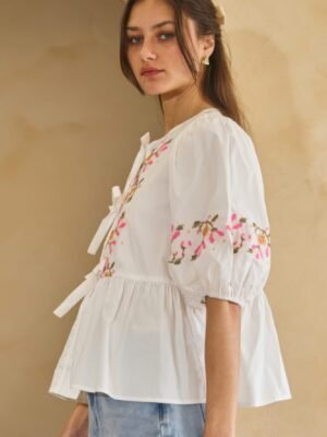 Poplin Front Ribbon Tie Blouse