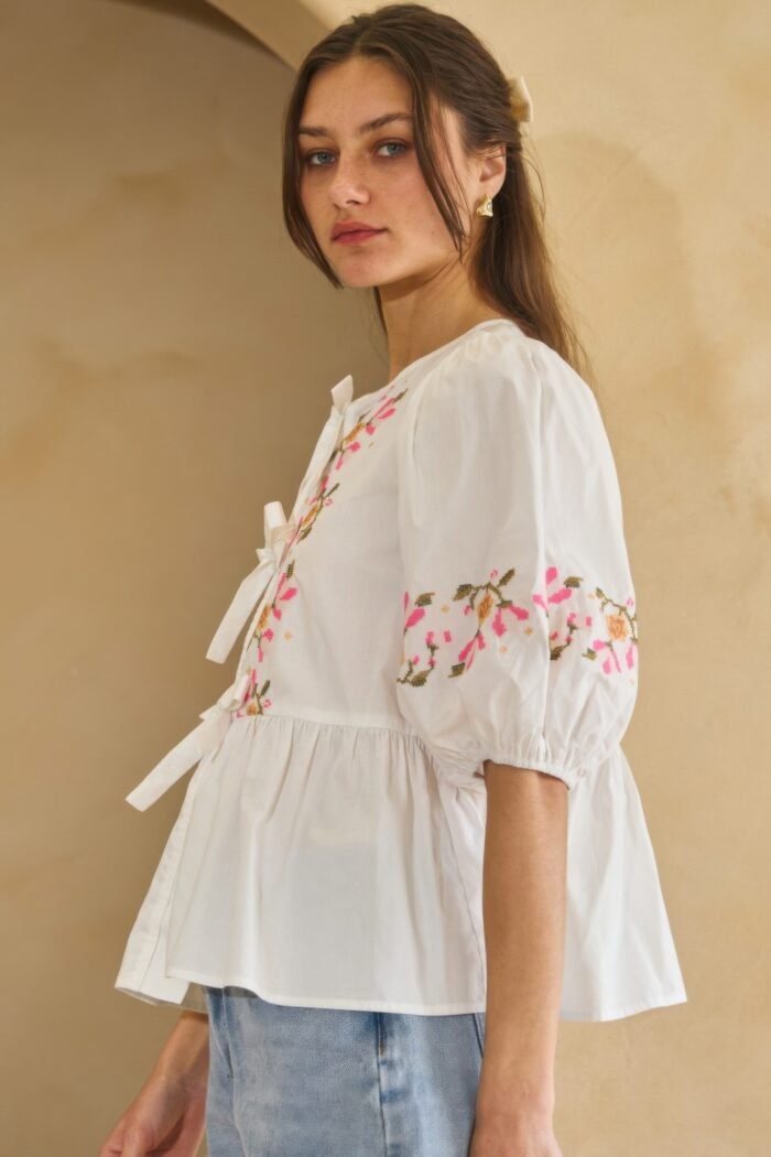 Poplin front ribbon tie blouse - image 12