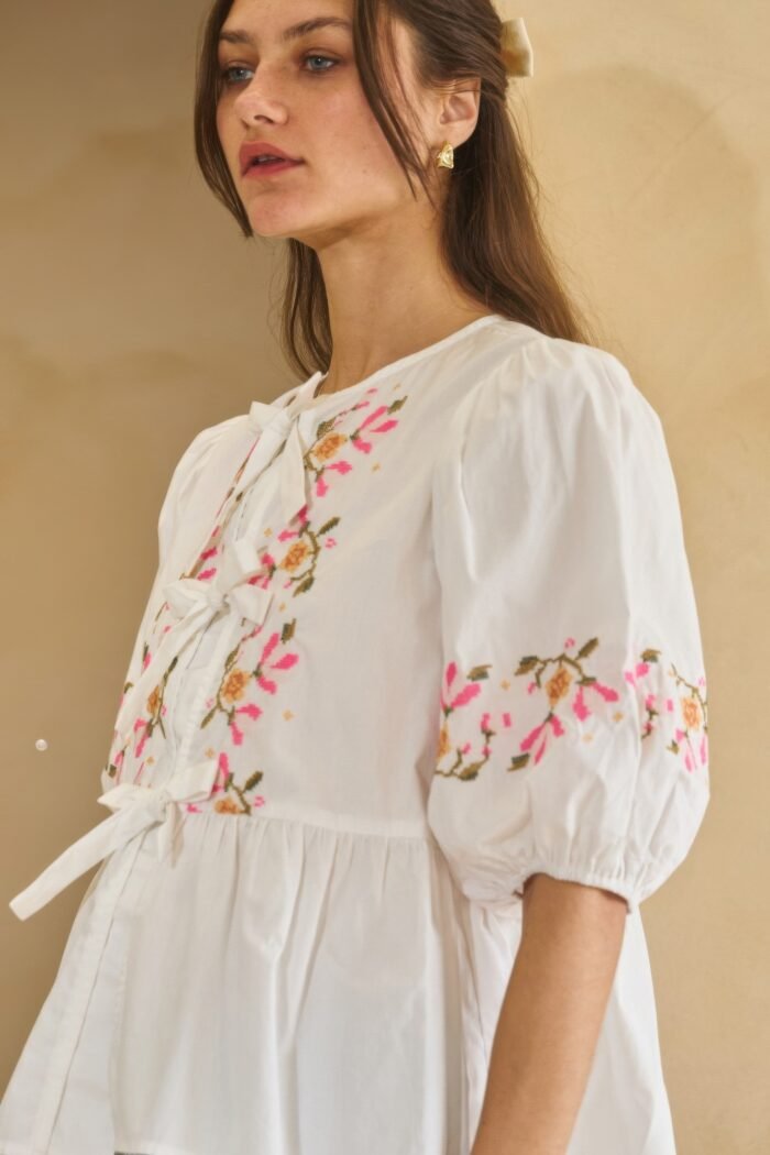 Poplin front ribbon tie blouse - image 13