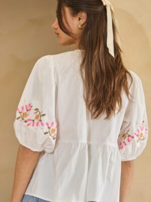 Poplin Front Ribbon Tie Blouse