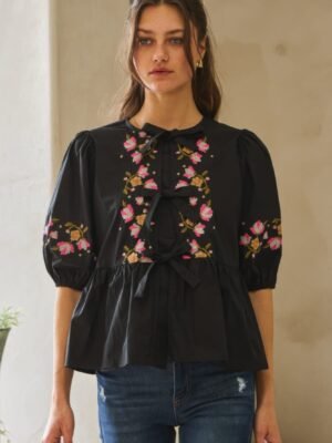 Poplin Front Ribbon Tie Blouse