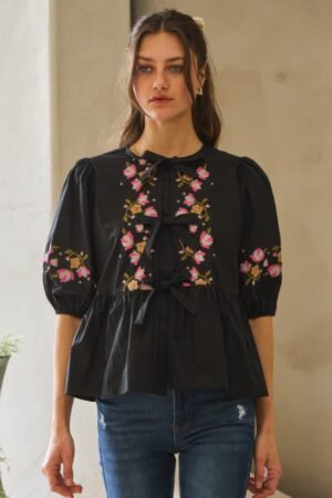 Poplin Front Ribbon Tie Blouse Poplin Front Ribbon Tie Blouse