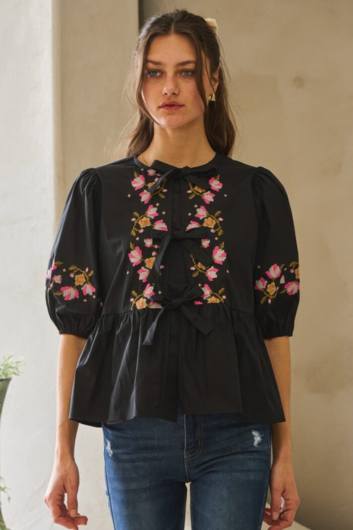 Poplin front ribbon tie blouse - image 6