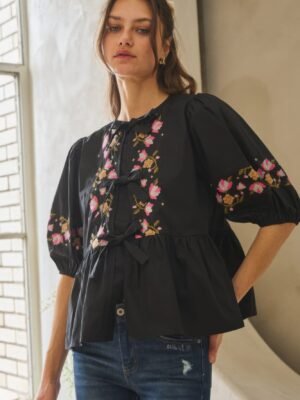 Poplin Front Ribbon Tie Blouse