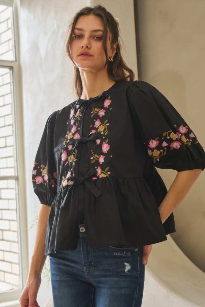 Poplin front ribbon tie blouse - image 7