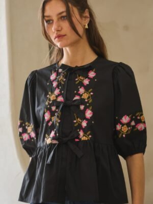 Poplin Front Ribbon Tie Blouse