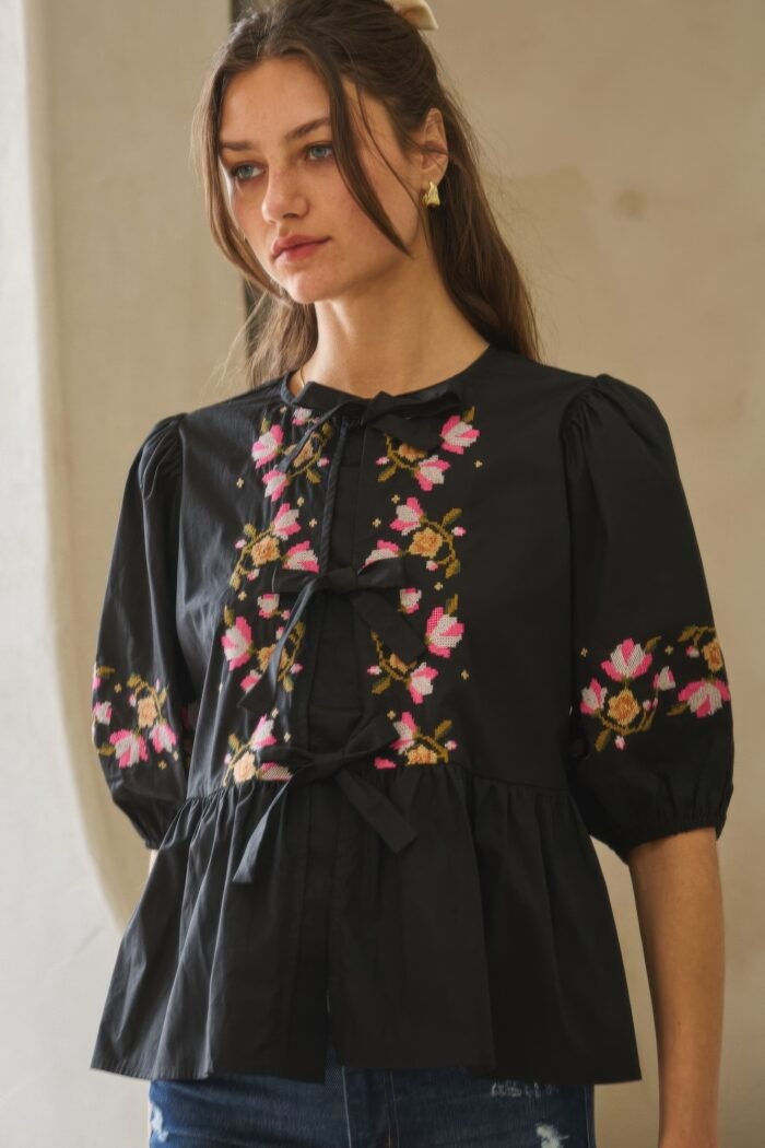 Poplin front ribbon tie blouse - image 8