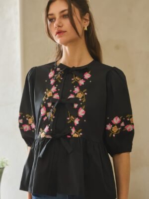 Poplin Front Ribbon Tie Blouse