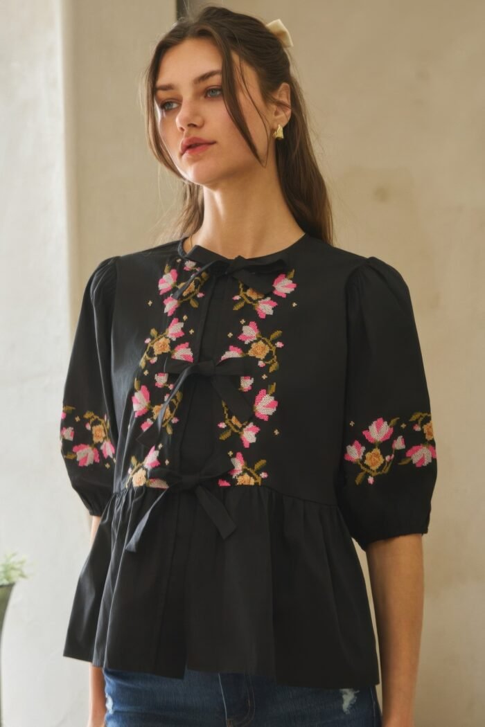 Poplin front ribbon tie blouse - image 9
