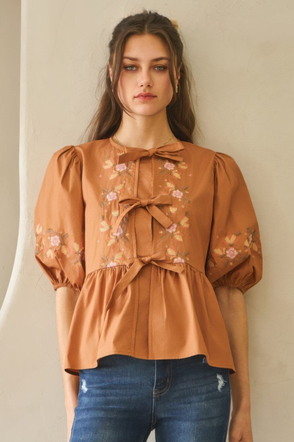 poplin front ribbon tie blouse