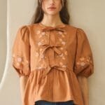 Poplin Front Ribbon Tie Blouse