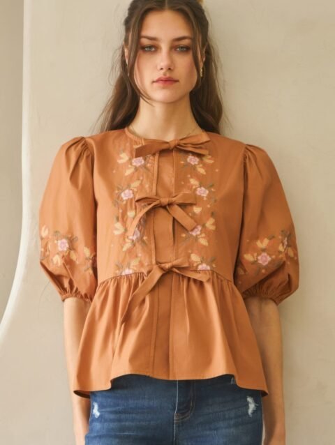 Poplin Front Ribbon Tie Blouse