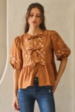 Poplin Front Ribbon Tie Blouse - Image 2