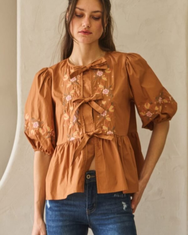 Poplin Front Ribbon Tie Blouse