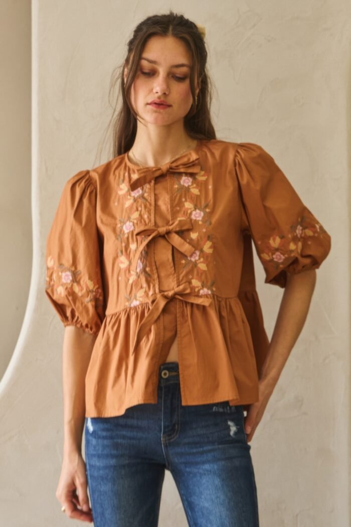 Poplin front ribbon tie blouse - image 2