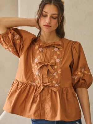 Poplin Front Ribbon Tie Blouse