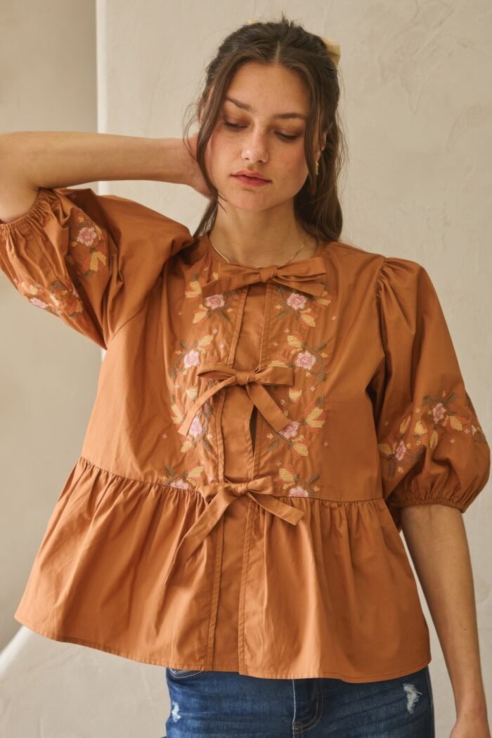 Poplin front ribbon tie blouse - image 3