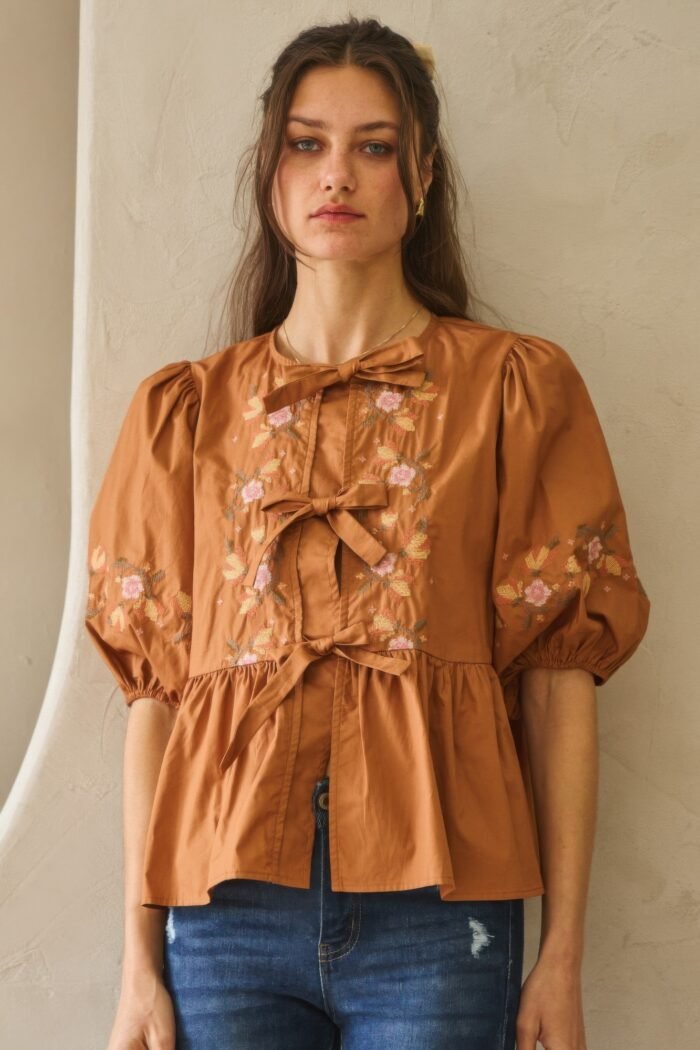 Poplin front ribbon tie blouse - image 4