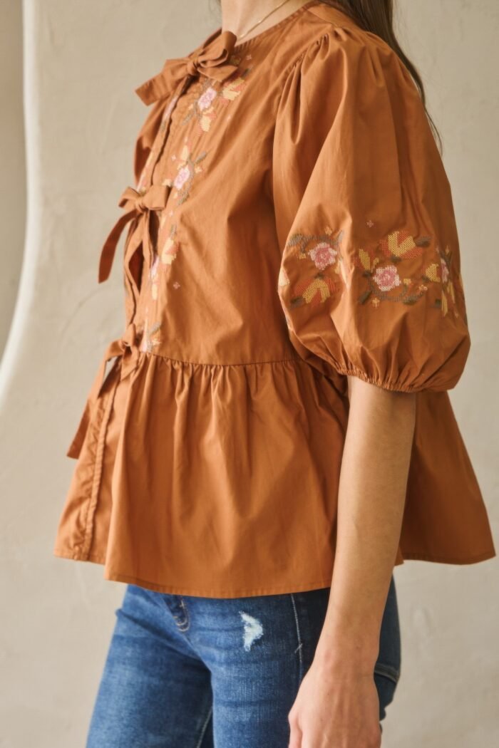 Poplin front ribbon tie blouse - image 5