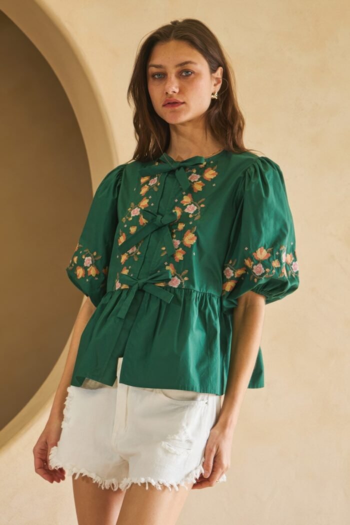 Poplin front ribbon tie blouse - image 17