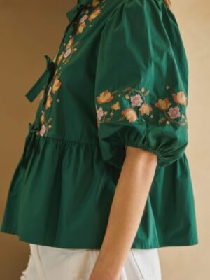 Poplin Front Ribbon Tie Blouse