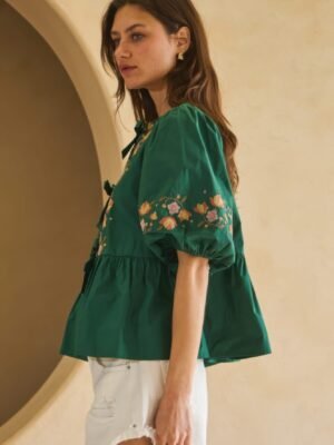 Poplin Front Ribbon Tie Blouse