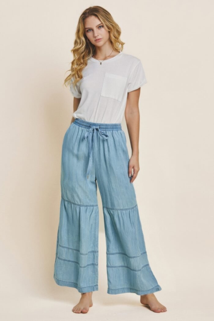 Washed denim tiered wide leg pants - image 2