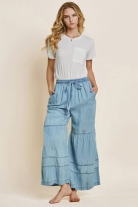 Washed Denim Tier Wide Leg Pants