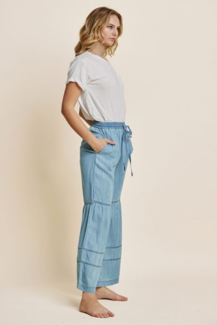Washed denim tiered wide leg pants - image 4