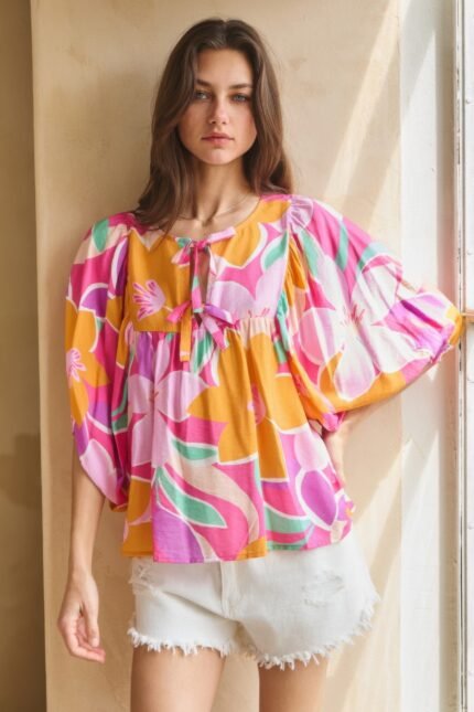 Geo Floral Printed Batwing Sleeve Top