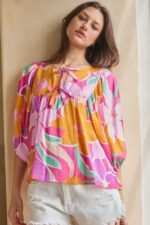 Geo Floral Printed Batwing Sleeve Top - Image 2