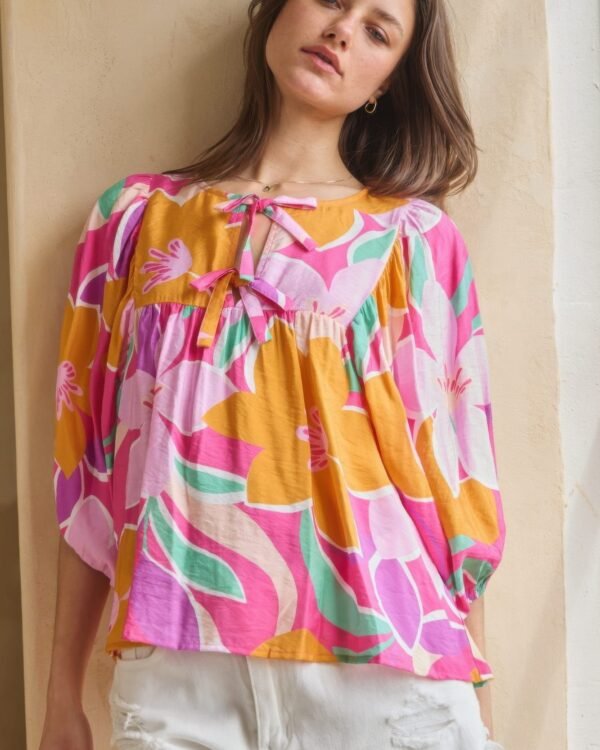 Geo Floral Printed Batwing Sleeve Top