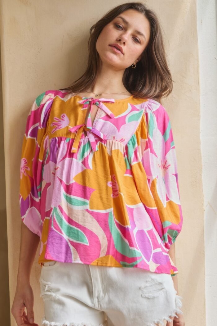 Geo floral printed batwing sleeve top - image 2