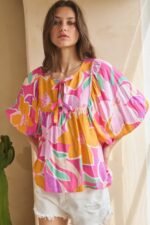 Geo Floral Printed Batwing Sleeve Top - Image 3