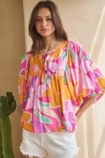 Geo Floral Printed Batwing Sleeve Top - Image 4