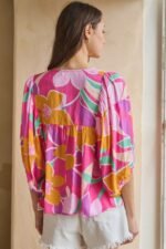 Geo Floral Printed Batwing Sleeve Top - Image 5