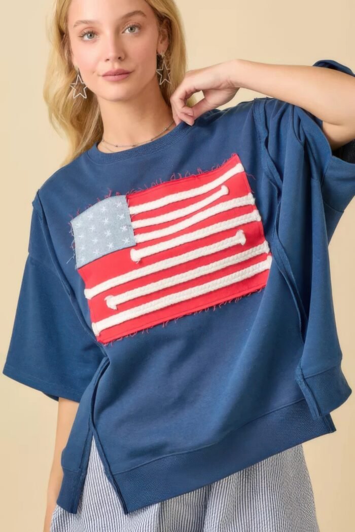Boxy wide top with american flag patchwork - image 1