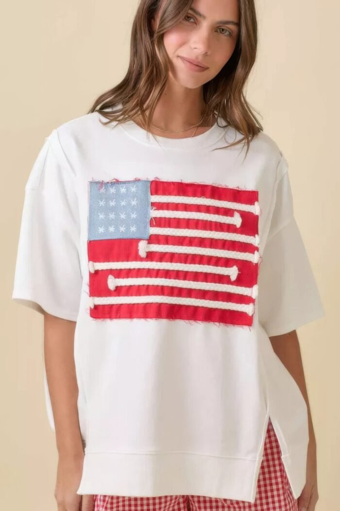 Boxy wide top with american flag patchwork - image 5
